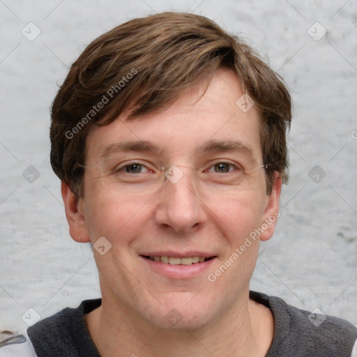 Joyful white adult male with short  brown hair and grey eyes