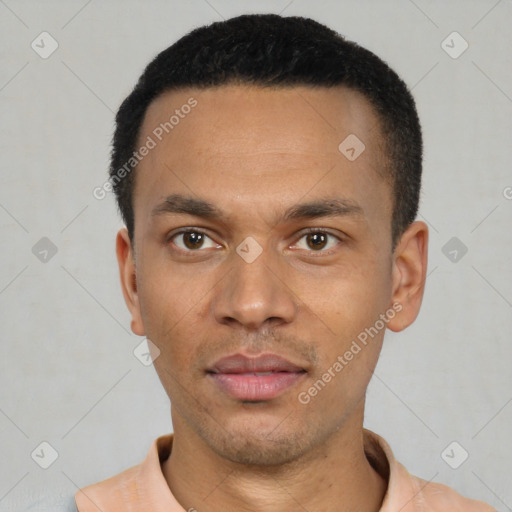 Neutral latino young-adult male with short  black hair and brown eyes