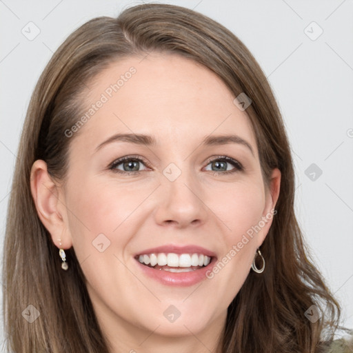 Joyful white young-adult female with long  brown hair and grey eyes