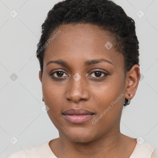 Neutral black young-adult female with short  brown hair and brown eyes