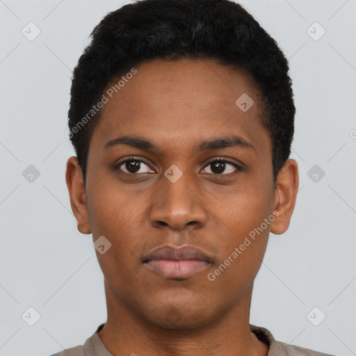 Neutral black young-adult male with short  black hair and brown eyes