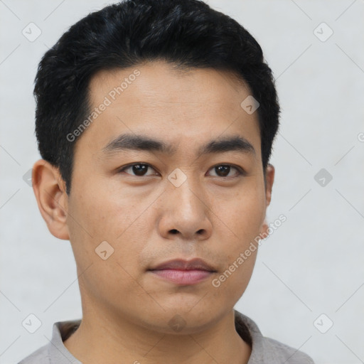 Neutral asian young-adult male with short  black hair and brown eyes