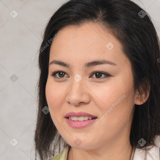 Joyful white young-adult female with medium  brown hair and brown eyes