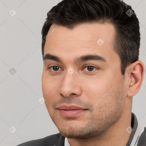 Neutral white young-adult male with short  black hair and brown eyes