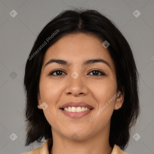 Joyful asian young-adult female with medium  brown hair and brown eyes