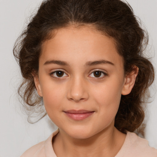 Joyful white child female with medium  brown hair and brown eyes