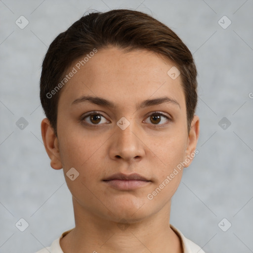 Neutral white young-adult female with short  brown hair and brown eyes