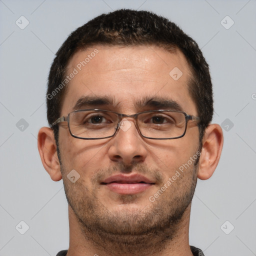 Joyful white adult male with short  brown hair and brown eyes