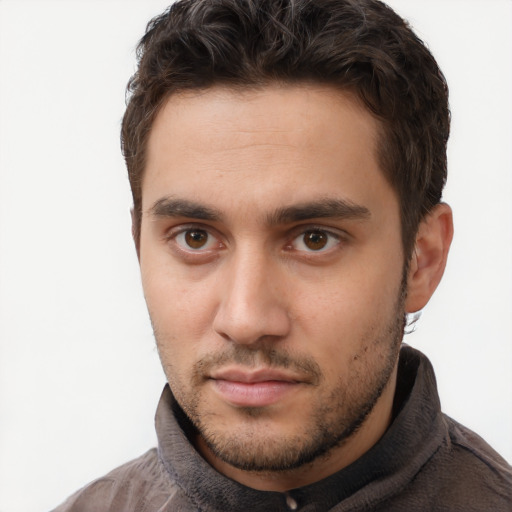 Neutral white young-adult male with short  brown hair and brown eyes