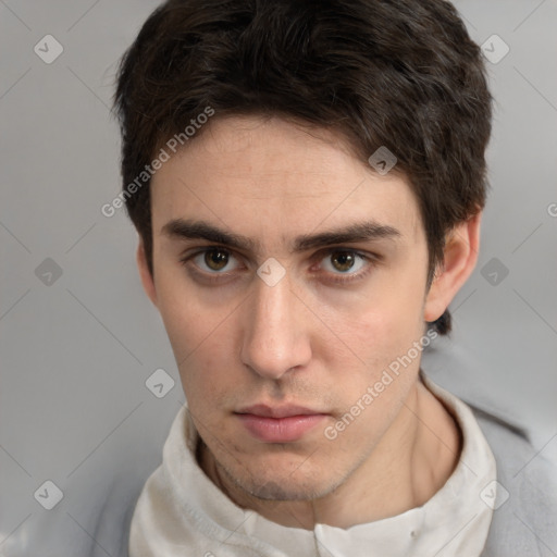 Neutral white young-adult male with short  brown hair and brown eyes