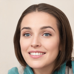 Joyful white young-adult female with medium  brown hair and blue eyes