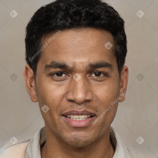Joyful white young-adult male with short  black hair and brown eyes