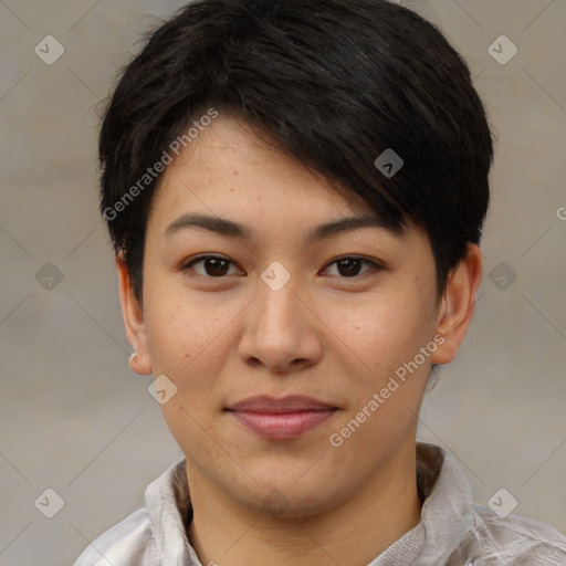 Joyful asian young-adult female with short  brown hair and brown eyes