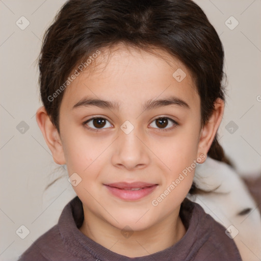 Joyful white child female with medium  brown hair and brown eyes