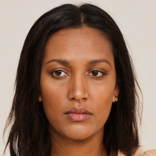 Neutral asian young-adult female with long  brown hair and brown eyes