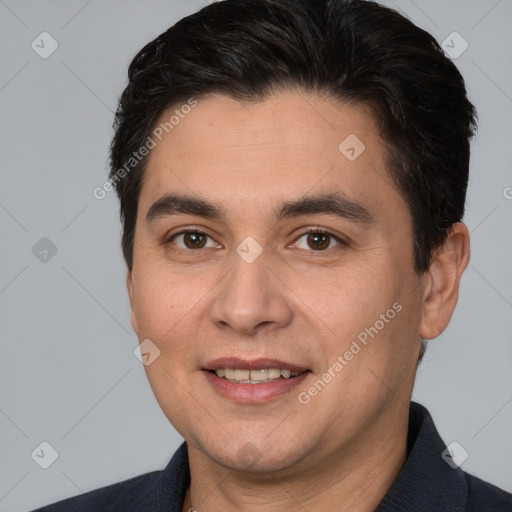 Joyful white adult male with short  brown hair and brown eyes