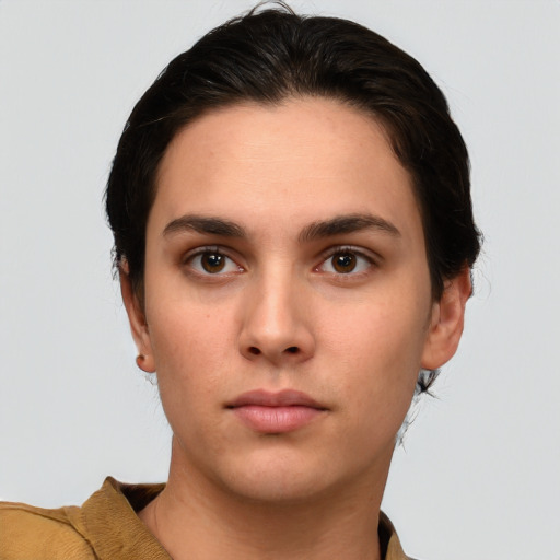 Neutral white young-adult female with short  brown hair and brown eyes