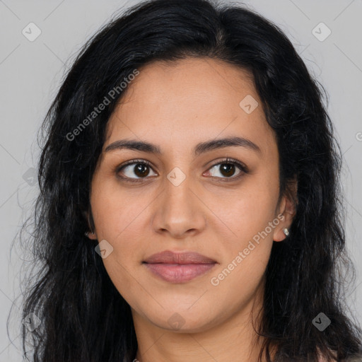 Joyful latino young-adult female with long  black hair and brown eyes