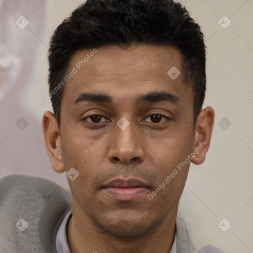 Neutral latino young-adult male with short  black hair and brown eyes
