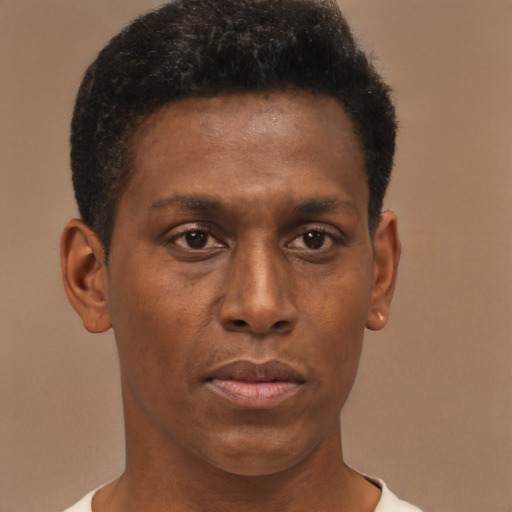 Neutral black young-adult male with short  brown hair and brown eyes