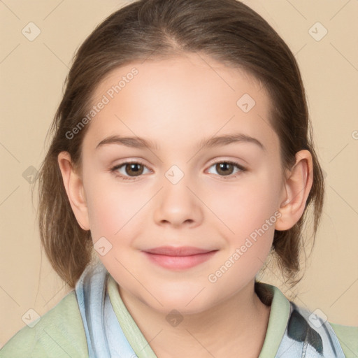 Joyful white child female with medium  brown hair and brown eyes