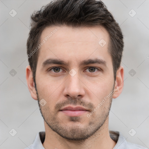 Neutral white young-adult male with short  brown hair and brown eyes