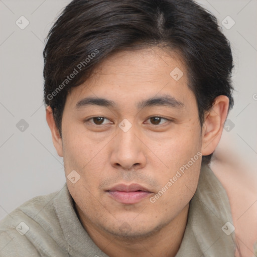 Neutral asian young-adult male with short  brown hair and brown eyes