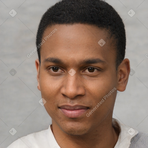 Joyful latino young-adult male with short  brown hair and brown eyes