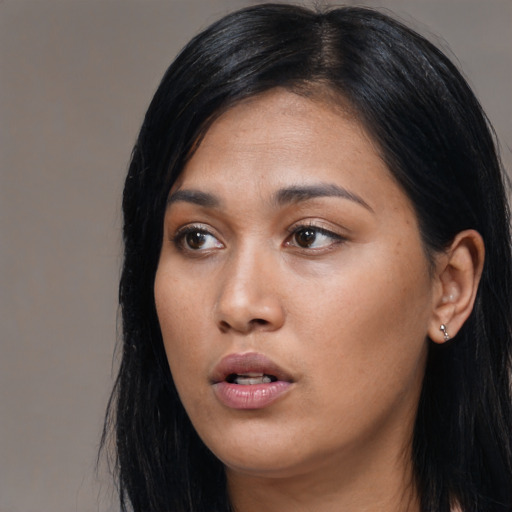 Neutral asian young-adult female with long  black hair and brown eyes