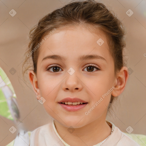 Joyful white child female with short  brown hair and brown eyes