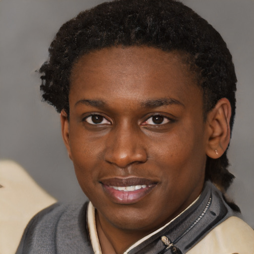 Joyful black young-adult male with short  brown hair and brown eyes