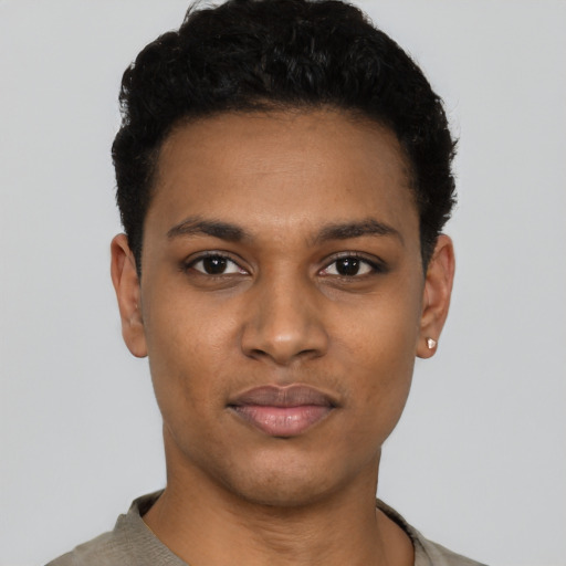 Neutral black young-adult male with short  black hair and brown eyes