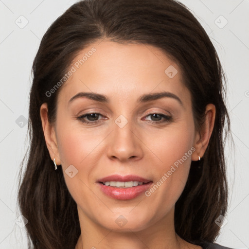 Joyful white young-adult female with medium  brown hair and brown eyes