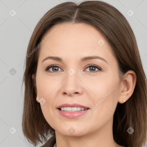 Joyful white young-adult female with medium  brown hair and brown eyes