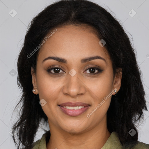 Joyful latino young-adult female with long  brown hair and brown eyes