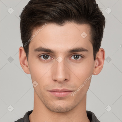 Neutral white young-adult male with short  brown hair and brown eyes