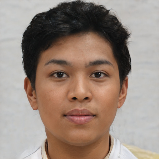 Neutral asian young-adult female with short  brown hair and brown eyes