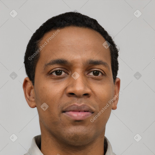 Neutral black young-adult male with short  black hair and brown eyes