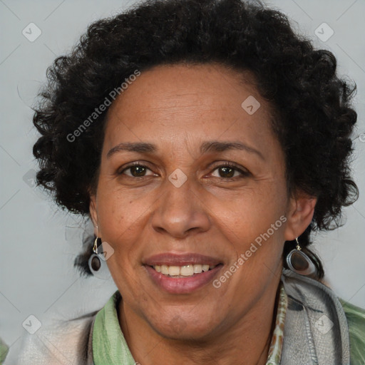 Joyful latino adult female with short  brown hair and brown eyes