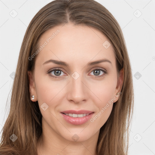 Joyful white young-adult female with long  brown hair and grey eyes