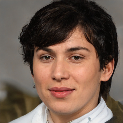 Joyful white young-adult male with medium  brown hair and brown eyes