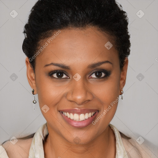 Joyful black young-adult female with short  brown hair and brown eyes