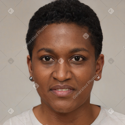 Joyful black young-adult female with short  black hair and brown eyes