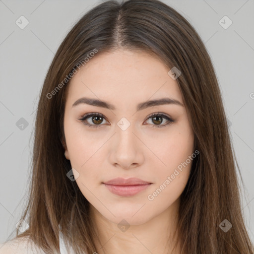 Neutral white young-adult female with long  brown hair and brown eyes