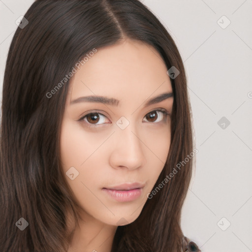 Neutral white young-adult female with long  brown hair and brown eyes