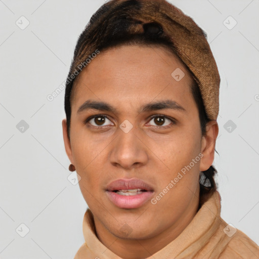 Neutral latino young-adult male with short  brown hair and brown eyes