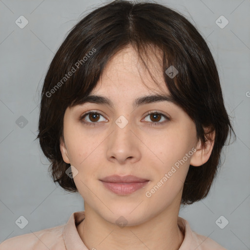 Neutral white young-adult female with medium  brown hair and brown eyes