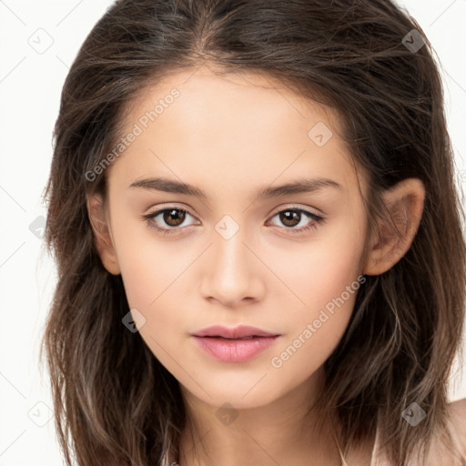 Neutral white child female with long  brown hair and brown eyes