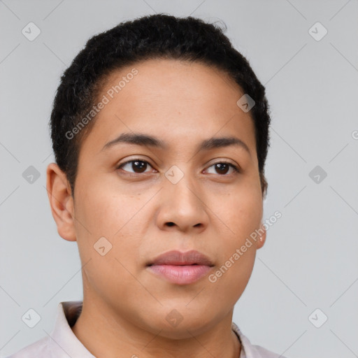 Joyful latino young-adult male with short  brown hair and brown eyes