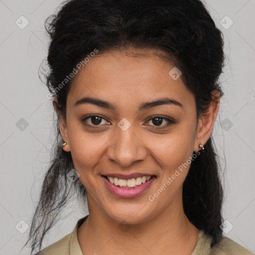 Joyful latino young-adult female with medium  brown hair and brown eyes